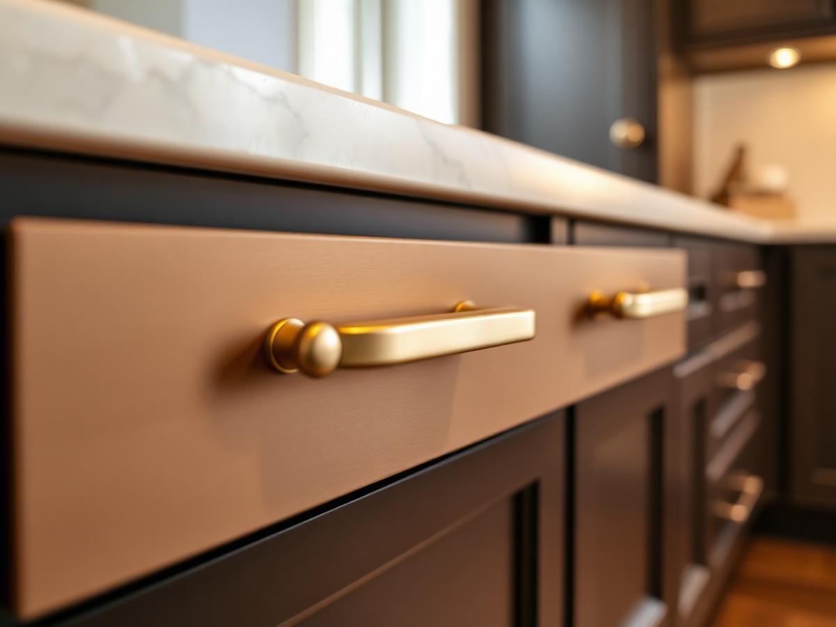 Close-up of premium soft-close kitchen drawer with brushed brass hardware